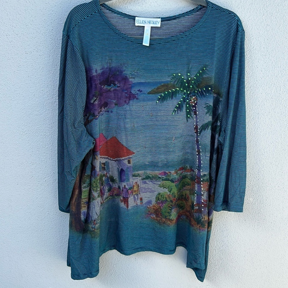 Ellen Negley Art & Sol Tunic Tropical Beach Scene Plus Size 2XL